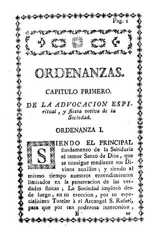 Ordenanzas. Capitulo primero. De la advocacion espiritual, y fiesta votiva de la Sociedad