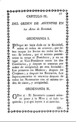 Capitulo IX. Del orden de asientos en los Actos de Sociedad.