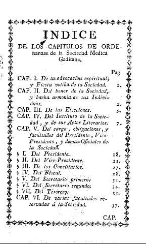 Indice de los capitulos de ordenanzas de la Sociedad Medica Gaditana