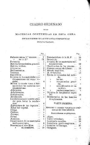 Cuadro ordenado de las materias contenidas en esta obra con los nombres de las sustancias comprendidas en cada tratado