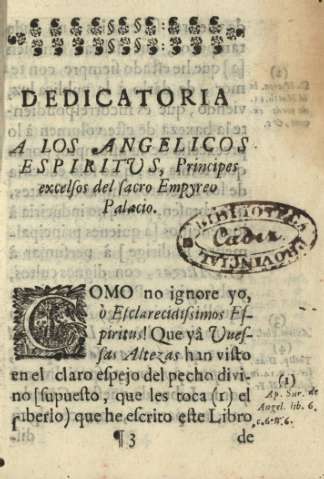 Dedicatoria a los angelicos espiritus, Principes excelsos del sacreo Empyreo Palacio.