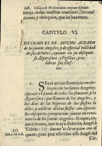 Capitvlo VI. De como es de mvcho agrado de los Santos Angeles, y de especial vtilidad de sus devotos, ayunar en su obsequio su Quaresma, y Vigilias, y celebrar sus Fiestas.