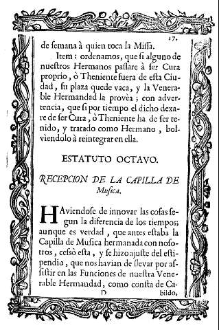 Estatuto octavo. Recepcion de la Capilla de Musica.