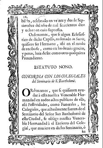 Estatuto nono. Concordia con los colegiales del Seminario de S. Bartholomè.