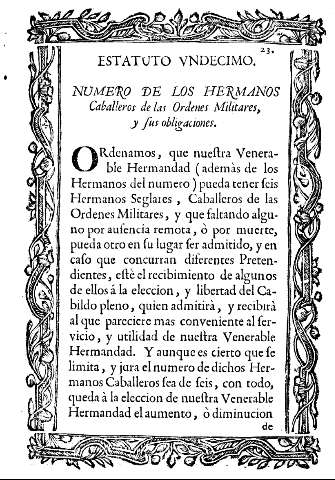 Estatuto Vndecimo. Numero de los Hermanos Caballeros de las Ordenes Militares, y sus obligaciones.