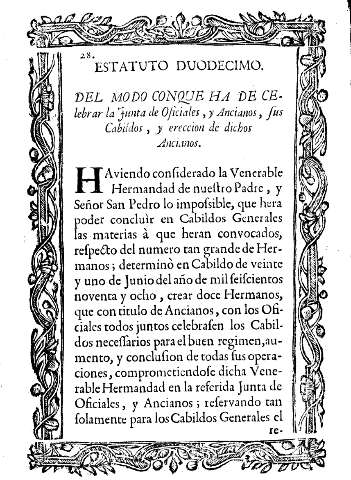 Estatuto duodecimo. Del modo conque ha de celebrar la Junta de Oficiales, y Ancianos, sus Cabildos, y ereccion de dichos Ancianos.