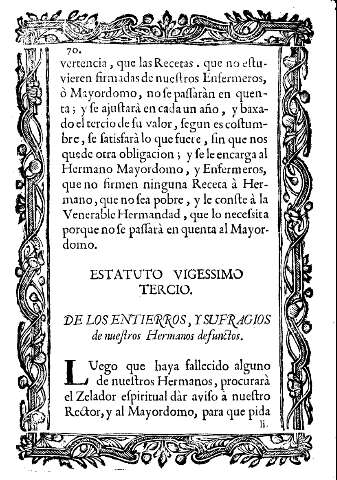Estatuto vigessimo tercio. De los entierros, y sufragios de nuestros Hermanos defunctos.