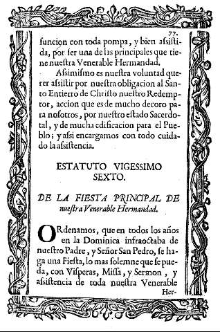 Estatuto vigessimo sexto. De la fiesta principal de nuestra Venerable Hermandad.