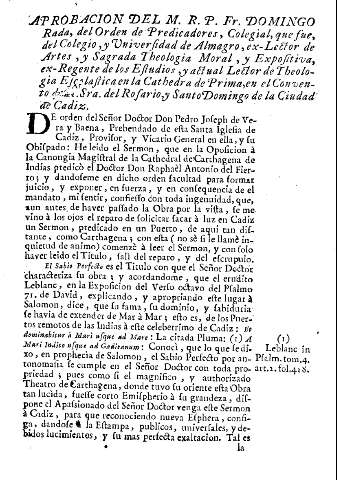 Aprobacion del M. R. P. Fr. Domingo Rada, del Orden de Predicadores, Colegial, que fue, del Colegio ...