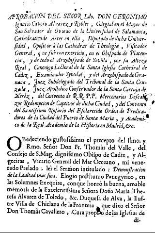Aprobacion del señor Ldo. Don Geronymo Ignacio Cavero Alvarez y Robles ... 