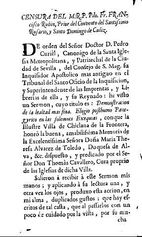 Censura del M.R.P. Pdo. Fr. francisco Rubin, Prior del Convento del Santissimo Rosario, y Santo Domingo de Cadiz.