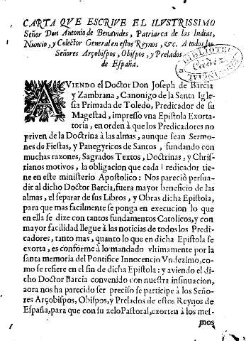 Carta qve escrive el ilvstrissimo Señor Don Antonio de Benavides ...