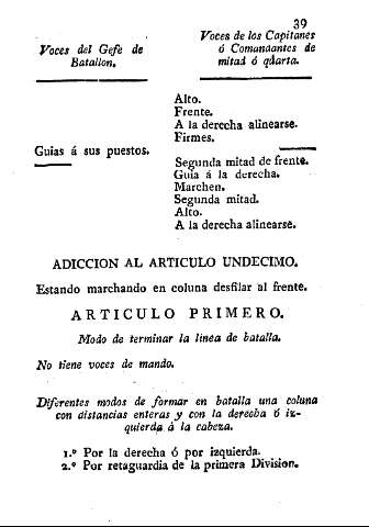Adiccion al articulo undecimo. Estando marchando en coluna desfilar al frente.