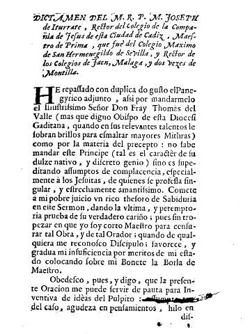 Dictamen del M. R. P. M. Joseph de Iturrate, Rector del Colegio de la Compañia de jesus de esta Ciudad de Cadiz ...