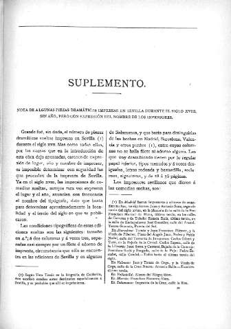 Suplemento - Nota de algunas piezas dramáticas impresas en Sevilla durante el siglo XVIII,...