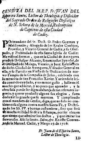 Censvra del M.R.P. Fr. Jvan del Espiritu Santo, Lector de Theologia, y Difinidor del Sagrado Orden de Religiosos ...