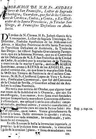 Aprobacion de N.H.Fr. Andres Flores de San Francisco, Lector de Sagrada Theologia ...