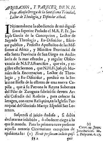 Aprobacion, y parecer de N.H. Fray Alonso Ortega de la Santissima Trinidad, Lector de Theologìa, y Difinidor actual