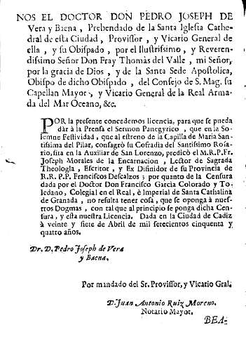 Nos el doctor Don Pedro Joseph de Vera y Baena ...