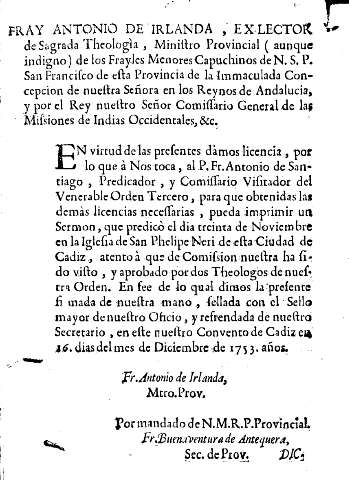 Fray Antonio de Irlanda, ex-lector de Sagrada Theologia, Ministro Provincial ...