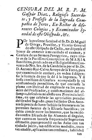 Censura del M. R. P. M. Gaspár Diaz, Religioso Sacerdote, y Professo de la Sagrada Compañia de Jesus ...