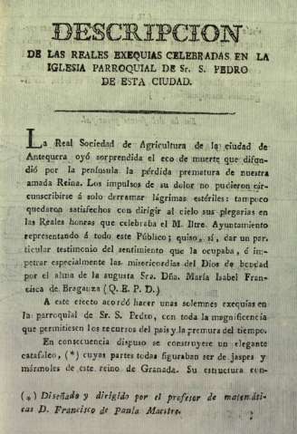 Descripción de las reales exequias celebradas en la iglesia parroquial de Sr. S. Pedro de esta ciudad.