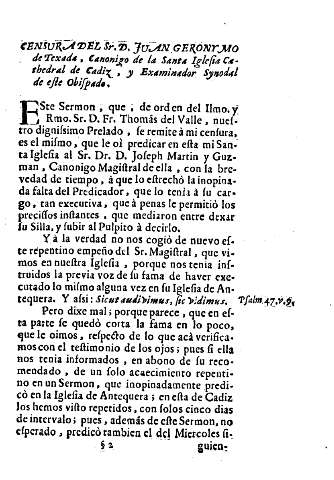 Censura del Sr. D. Juan Geronymo de Texada, Canonigo de la Santa Iglesia Cathedral de Cadiz ...