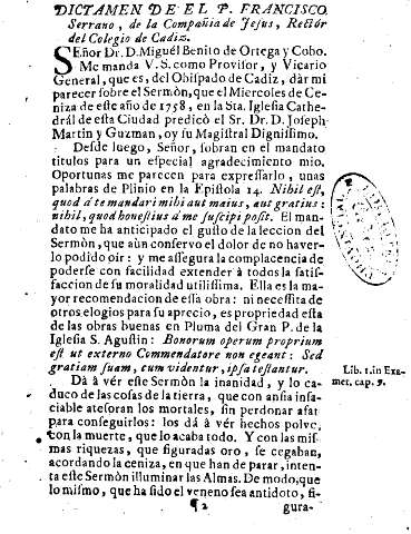 Dictamen de el P. Francisco Serrano, de la Compañia de Jesus, Rector del Colegio de Cadiz