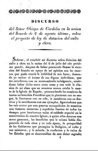 Discurso del Señor Obispo de Córdoba en la sesión del Senado de 2 de agosto último, sobre el proyecto de ley de dotación de culto  y el clero