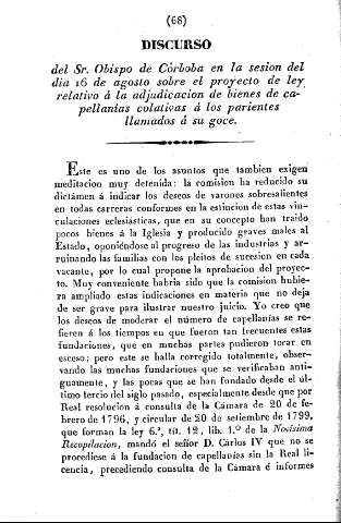 Discurso del Sr. Obispo de Córdoba en la sesión del dia 16 de agosto sobre el proyecto de ley relativo a la adjudicación á los parientes llamados a su goce.