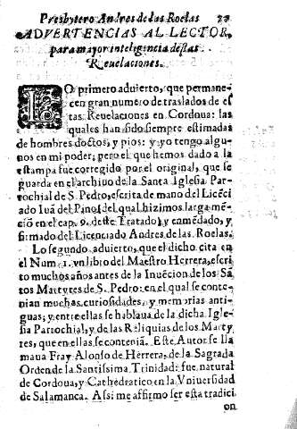 Presbytero Andres de las Roelas. Advertencias al lector para mayor inteligencia destas Revelaciones