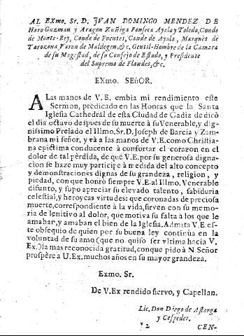 Al Excmo. Sr. D. Juan Domingo Mendez de Haro Guzman y Aragon Zuñiga Fonseca Ayala y Toledo, ...