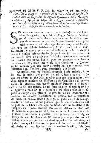 Parecer de el M. R. P. Mro. Fr. Gaspar de Molina, Doctor de el Claustro, y Gremio de la Universidad de Sevilla...