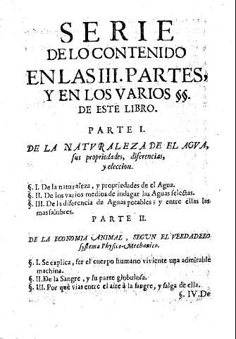 Serie de lo contenido en las III Partes, y en los varios [capitulos] de este libro