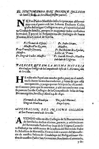 Parecer que en la misma materia dio el insigne Collegio de la Compañia de Iesus de S. Hermenegildo de Sevilla