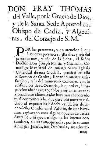 Don Fray Thomas del Valle, por la Gracia de Dios, y de la Santa Sede Apostolica ....