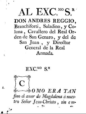 Al Excmo. Sr. Don Andres Reggio, Branchiforti ...