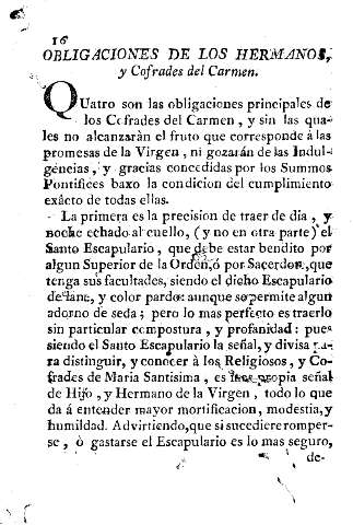 Obligaciones de los hermanos, y Cofrades del Carmen