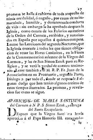 Aparicion de Maria Santisima del Carmen à N.P.S. Simon Estok, y entrega del Santo Escapulario