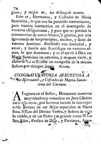 Congratulatoria afectuosa a los Hermanos, y Cofrades de Maria Santisima del Carmen