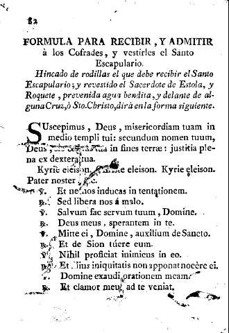 Formula para recibir, y admitir à los Cofrades, y vestirles el Santo Escapulario