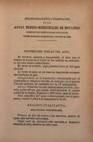 Análisis cualitativa y cuantitativa de las aguas minero-medicinales gaseosas bicarbonatadas alcalinas de Moyanico termino municipal de Marmolejo provincia de Jaen