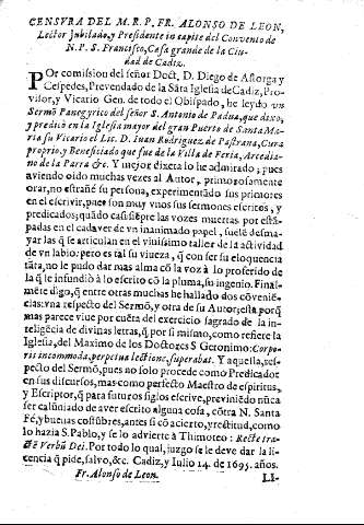Censura del M.R.P. Fr. Alonso de Leon, ...