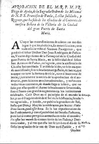 Aprobacion de el M.R.P. Fr. Diego de Ayala, ...
