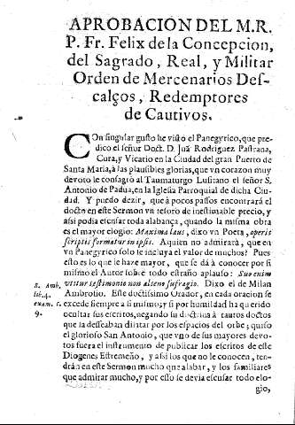 Aprobacion del M.R.P. Fr. Felix de la Concepcion, ...