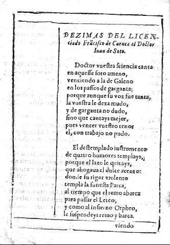 Dezimas del licenciado Francisco de Cuenca al  Doctor Iuan de Soto