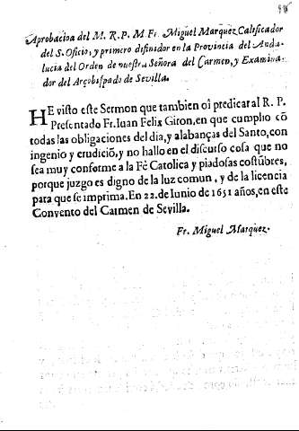 Aprobacion del M.R.P.M. Fr. Miguel Marquez Calificador del S. Oficio, ...