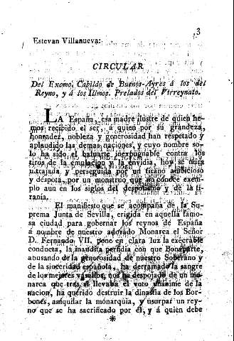 Circular. Del Excmo. Cabildo de Buenos-Ayres á los del Reyno, y á los Illmos. Prelados del Virreynato