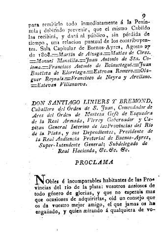 Don Santiago Liniers y Bremond, Caballero del Órden de S. Juan ... Proclama
