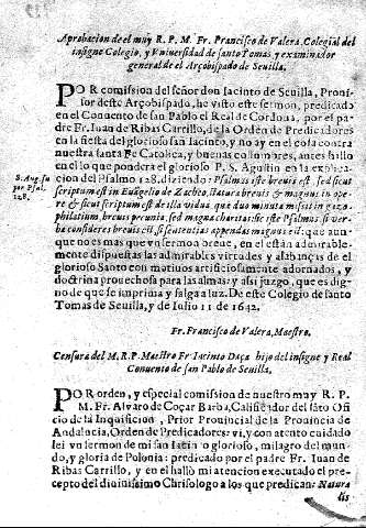 Aprobacion de el muy R.P.M. Fr. Francisco de Valera ... Censura del M.R.P. Maestro Fr. Jacinto Daça, ...